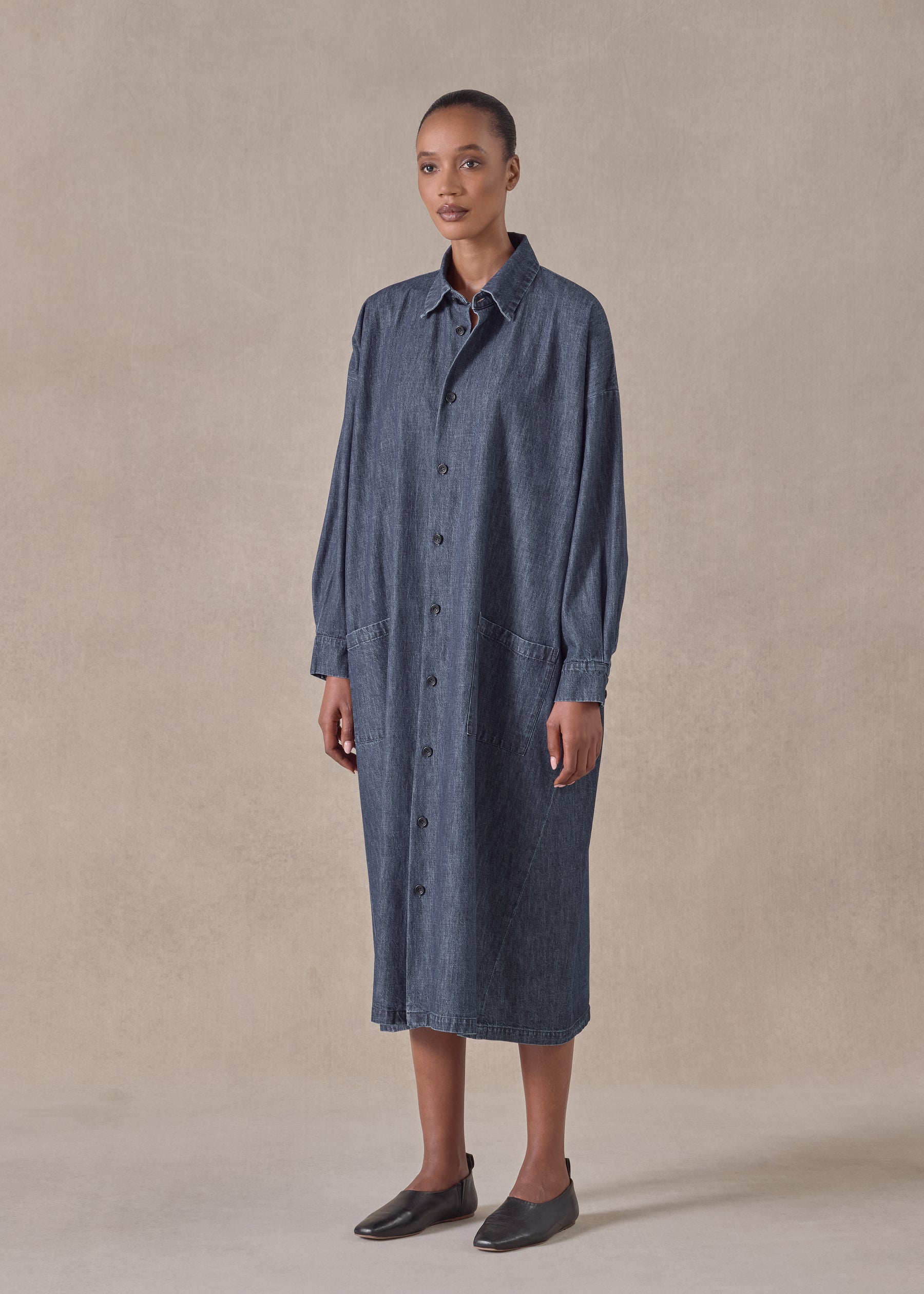 cotton denim angle to front side seam shirt dress with collar (jeandar