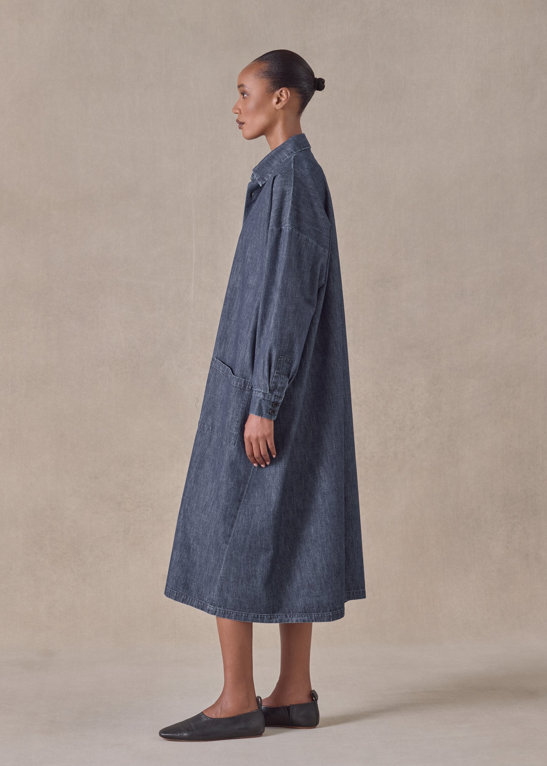 cotton angle to front side seam shirt dress with collar