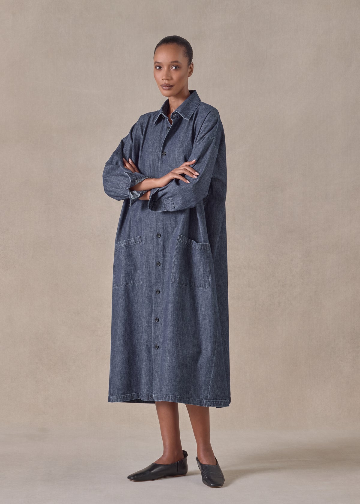 cotton angle to front side seam shirt dress with collar