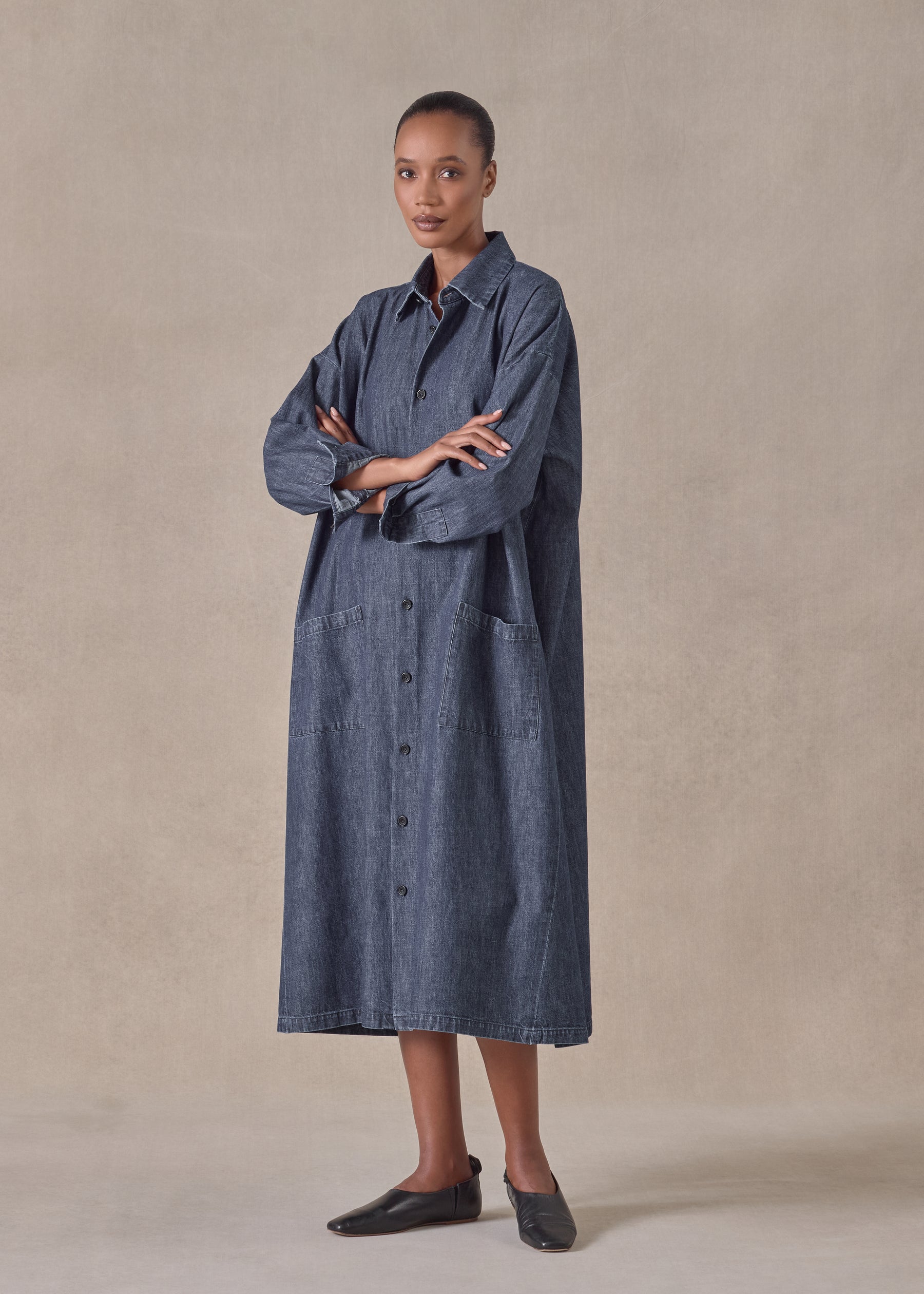 cotton angle to front side seam shirt dress with collar