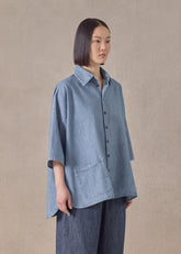 cotton sloped shoulder wide a-line short sleeve shirt with collar - mid plus (denimlight)