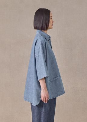 cotton sloped shoulder wide a-line short sleeve shirt with collar - mid plus (denimlight)