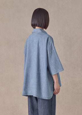 cotton sloped shoulder wide a-line short sleeve shirt with collar - mid plus (denimlight)