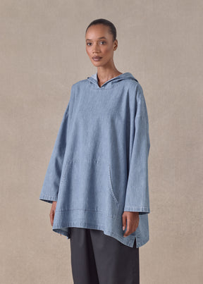 cotton wide a-line hooded top - long (denimlight)