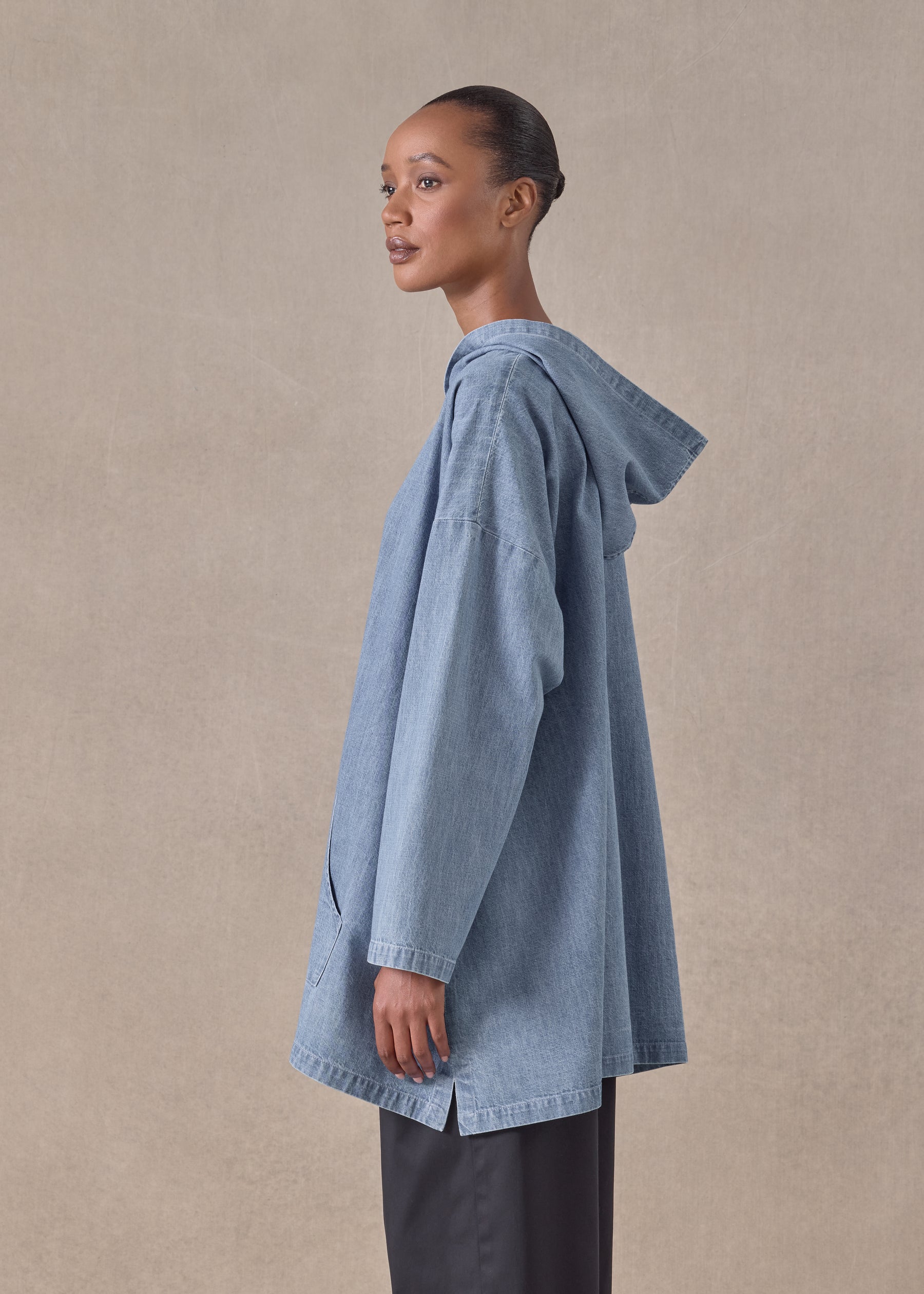 cotton wide a-line hooded top - long (denimlight)