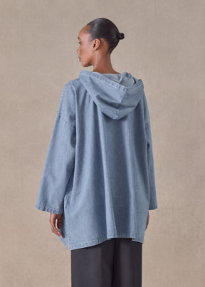 cotton wide a-line hooded top - long (denimlight)