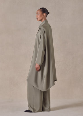 silk wide a-line double stand collar shirt - very long with slits (olivedark)