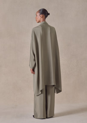 silk wide a-line double stand collar shirt - very long with slits (olivedark)