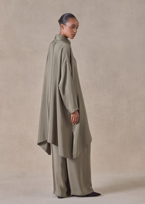 silk wide a-line double stand collar shirt - very long with slits (olivedark)