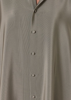silk wide a-line double stand collar shirt - very long with slits (olivedark)