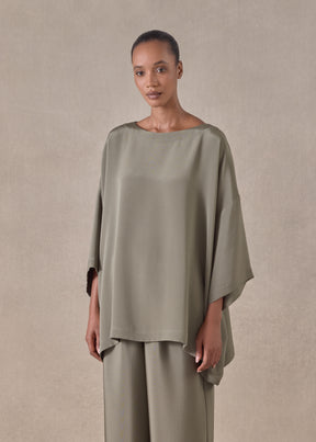 silk 3/4 sleeve bateau neck tunic - long (olivedark)