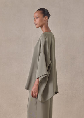 silk 3/4 sleeve bateau neck tunic - long (olivedark)