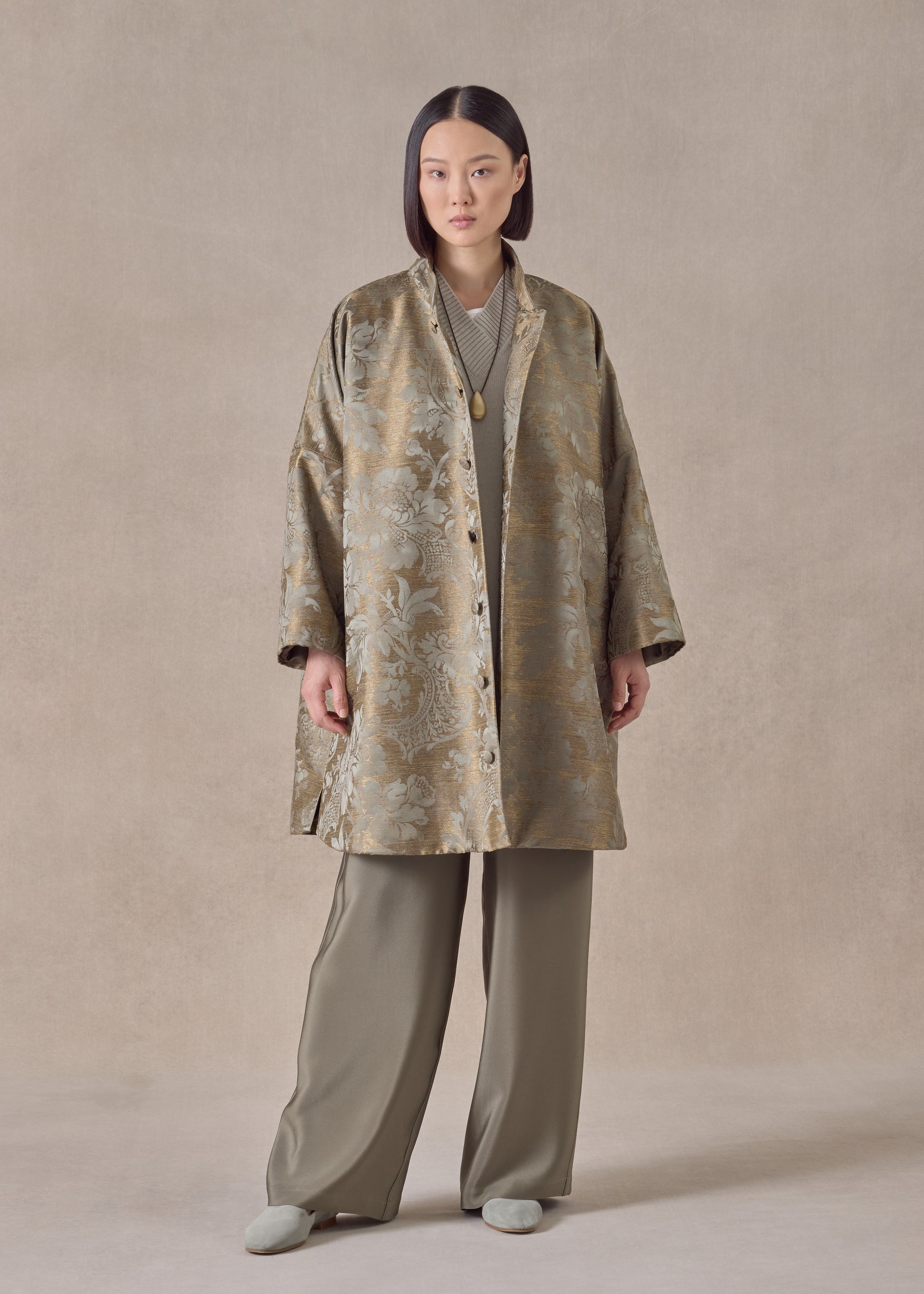 silk mix chinese imperial coat with chinese collar - very long (olivedark)