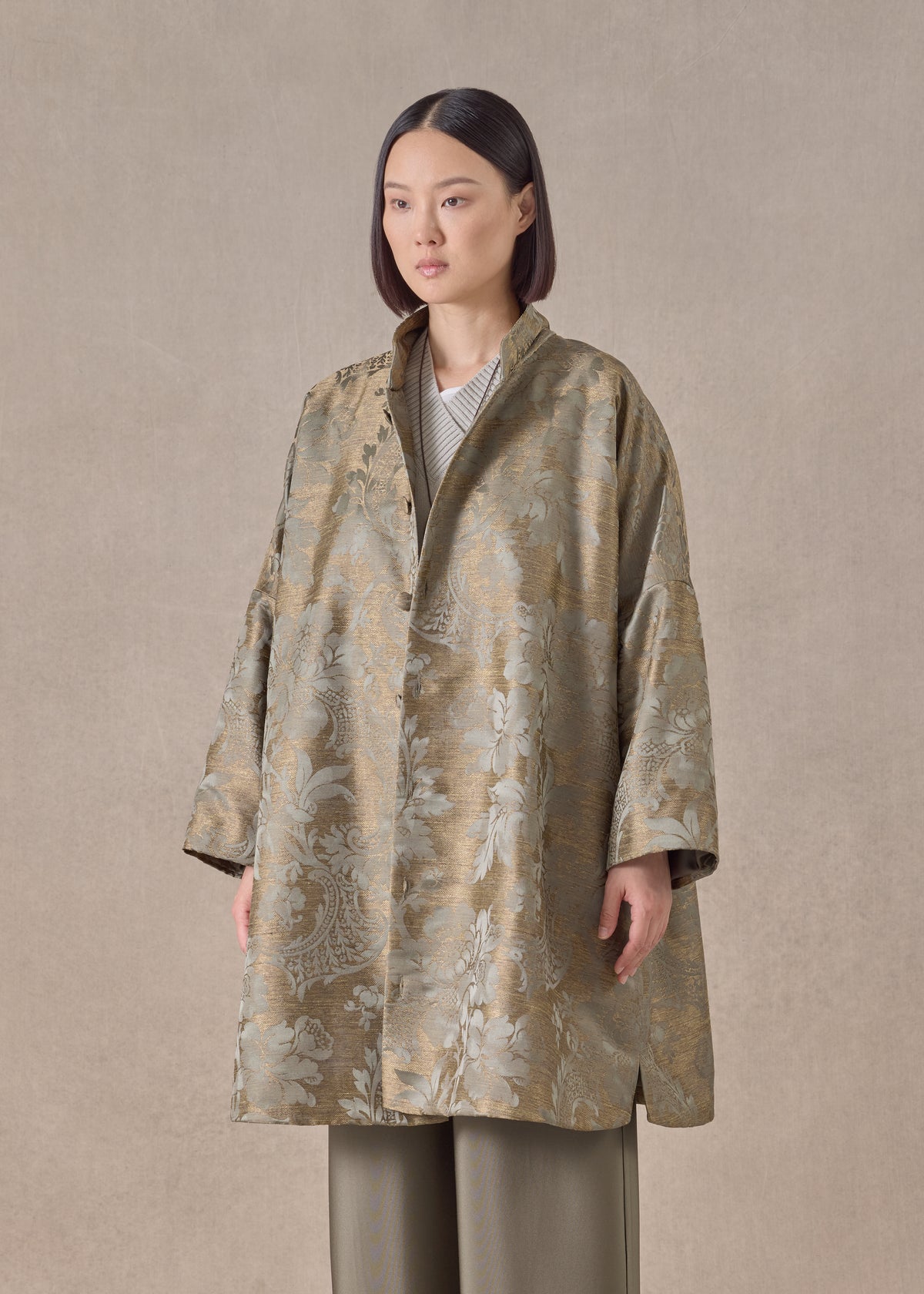 silk mix chinese imperial coat with chinese collar - very long (olivedark)