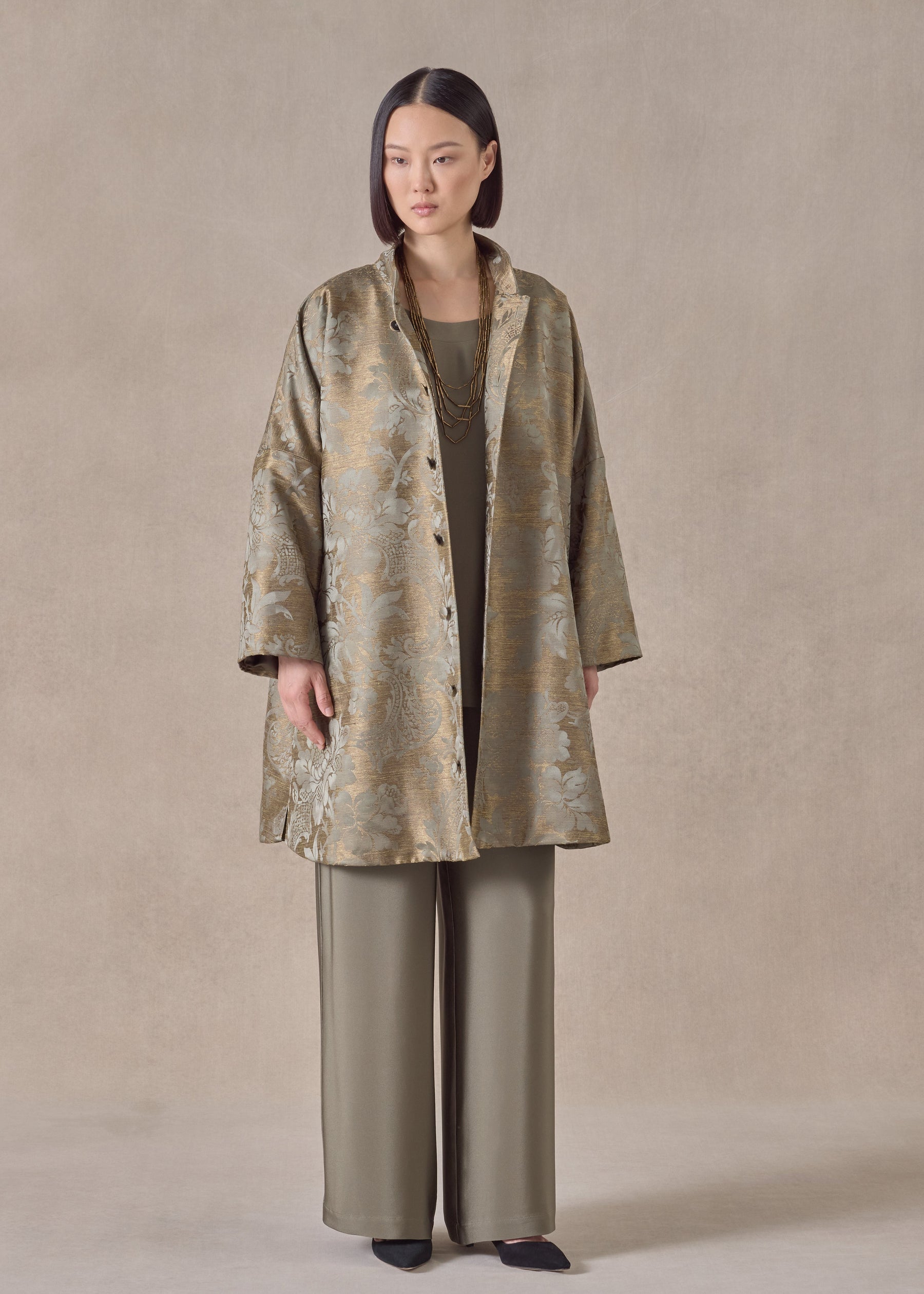 silk mix chinese imperial coat with chinese collar - very long (olivedark)