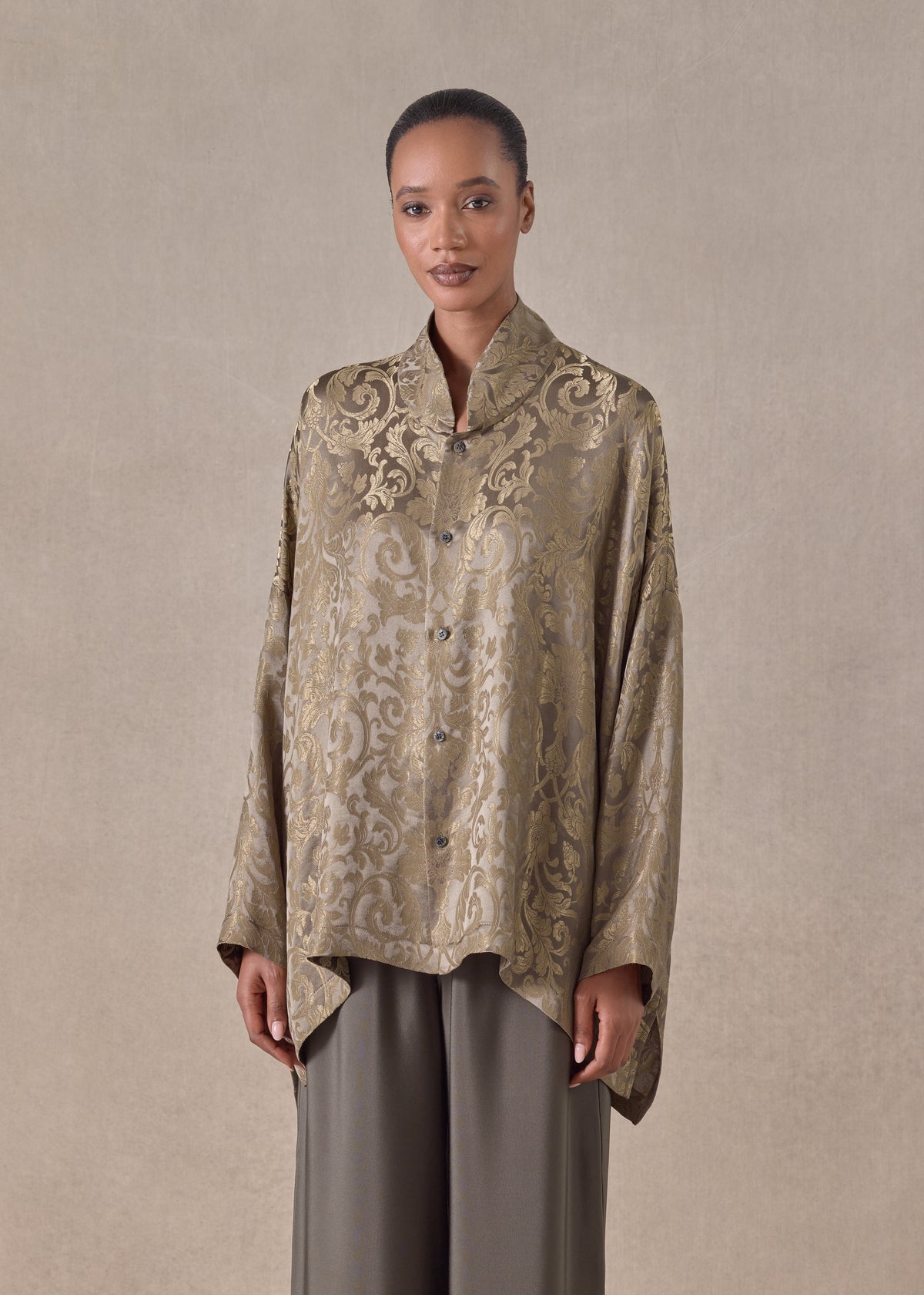 silk mix wide longer back chinese collar shirt - mid plus (olivedark)
