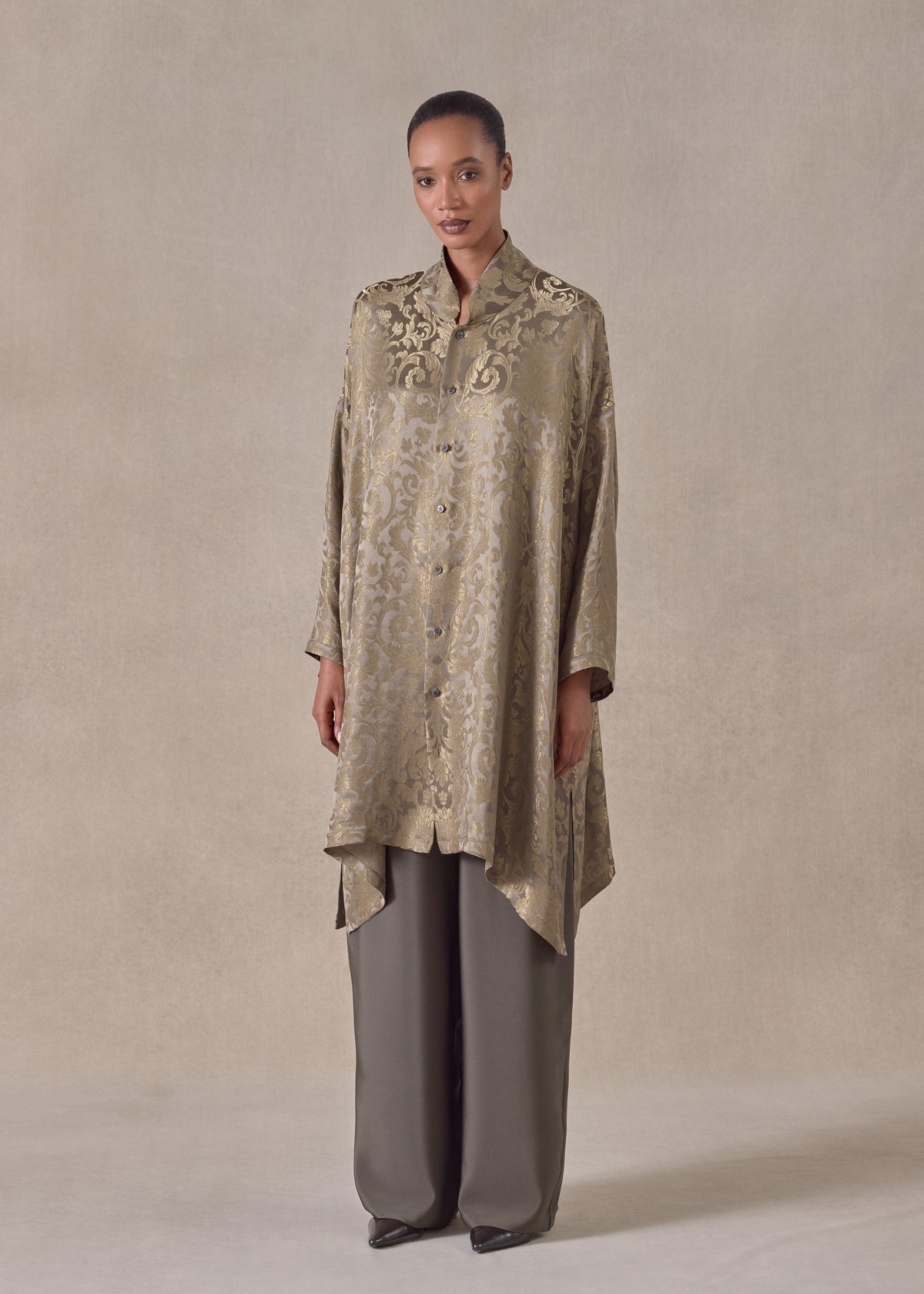 silk mix wide a-line chinese collar shirt - very long with slits