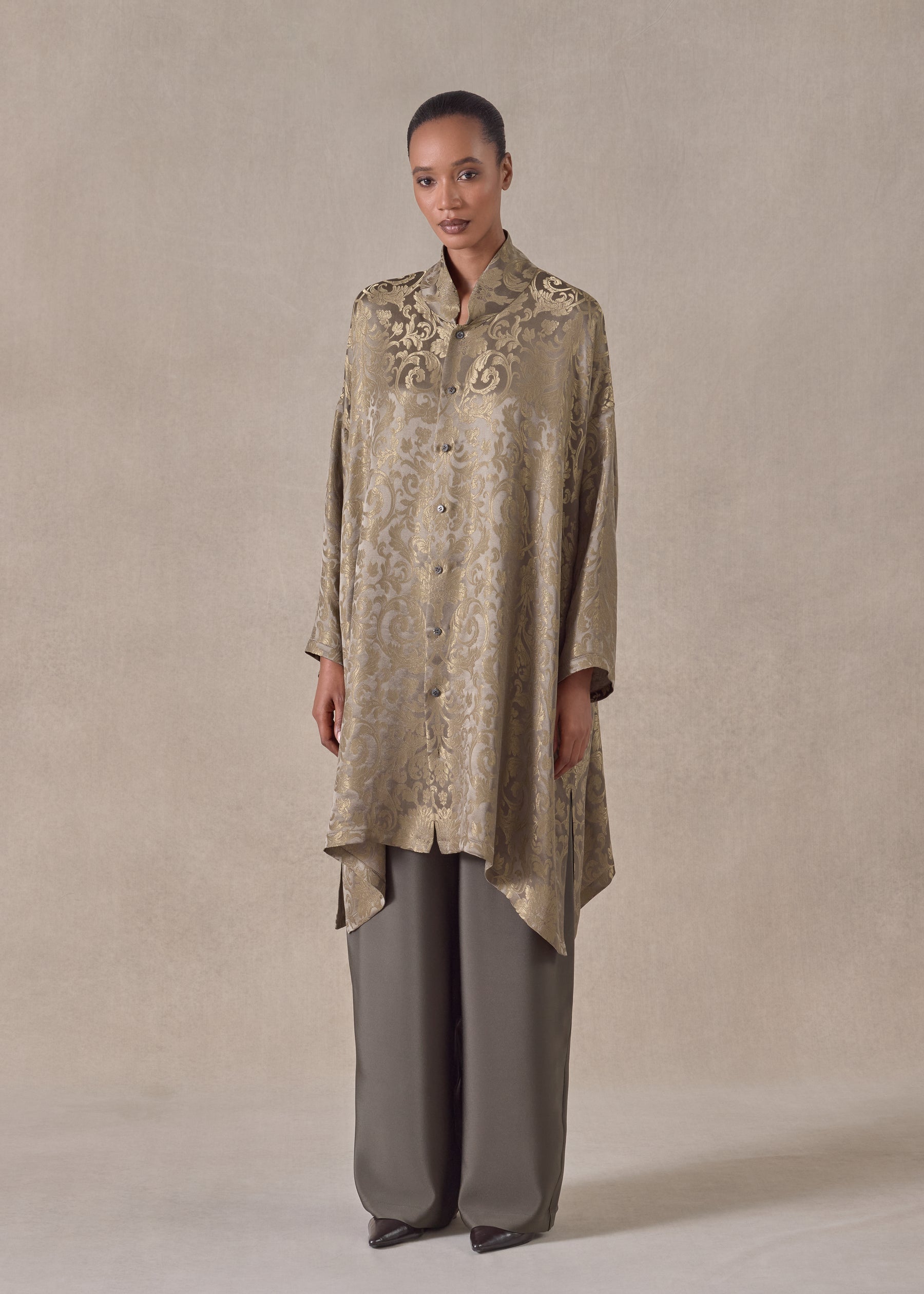 silk mix wide a-line chinese collar shirt - very long with slits