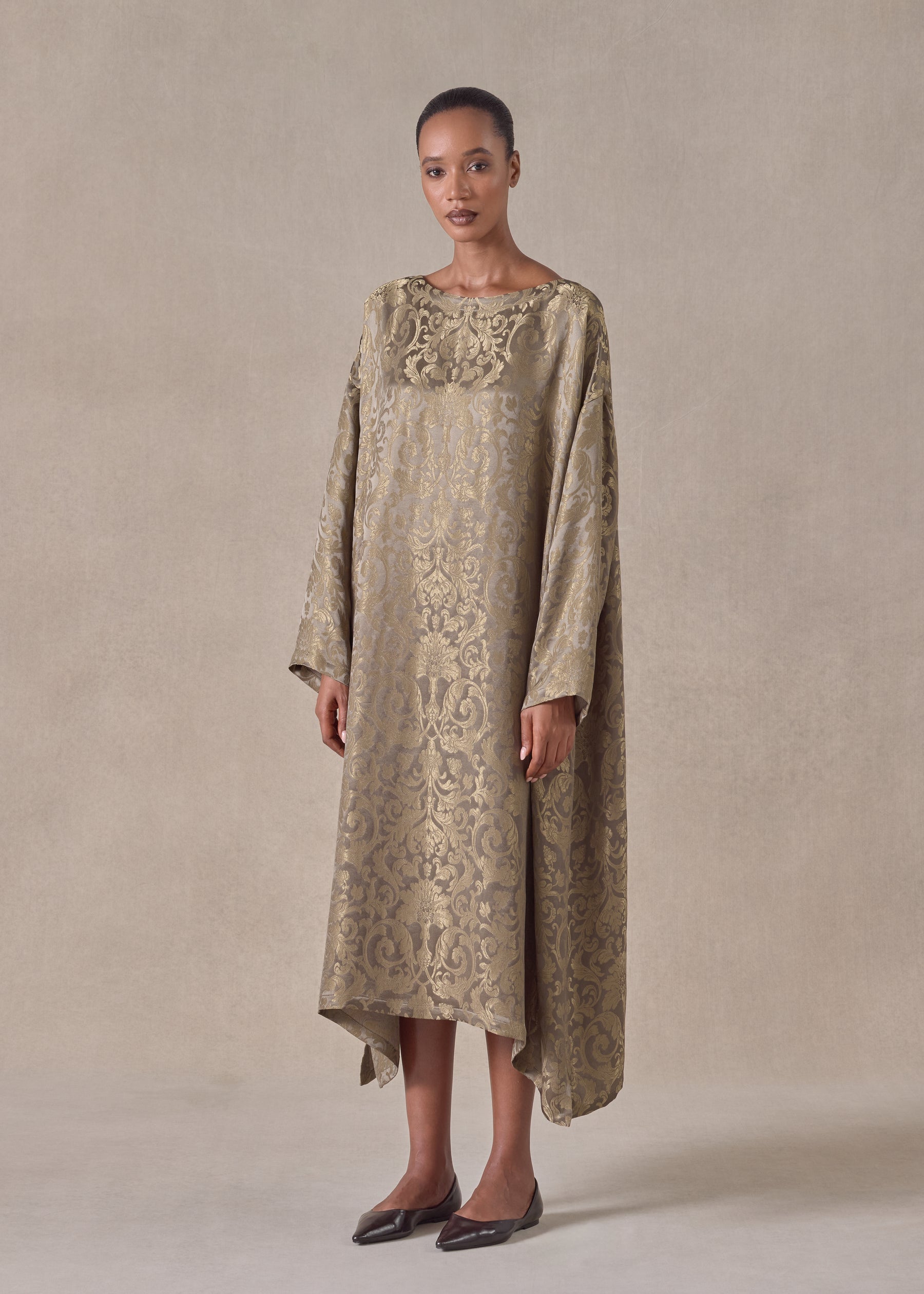 silk mix wide a-line scoop neck dress (olivedark)