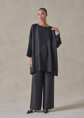midweight silk plisse wide a-line scoop neck top - long plus (black)