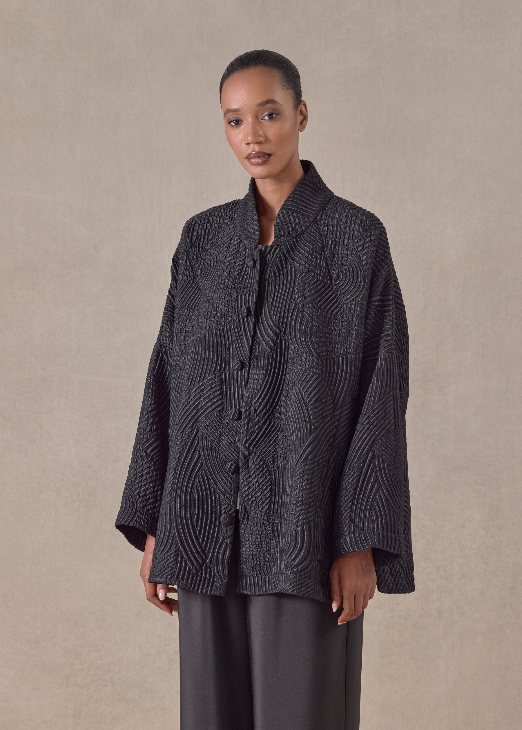 silk wool mix chinese imperial jacket with chinese collar - long