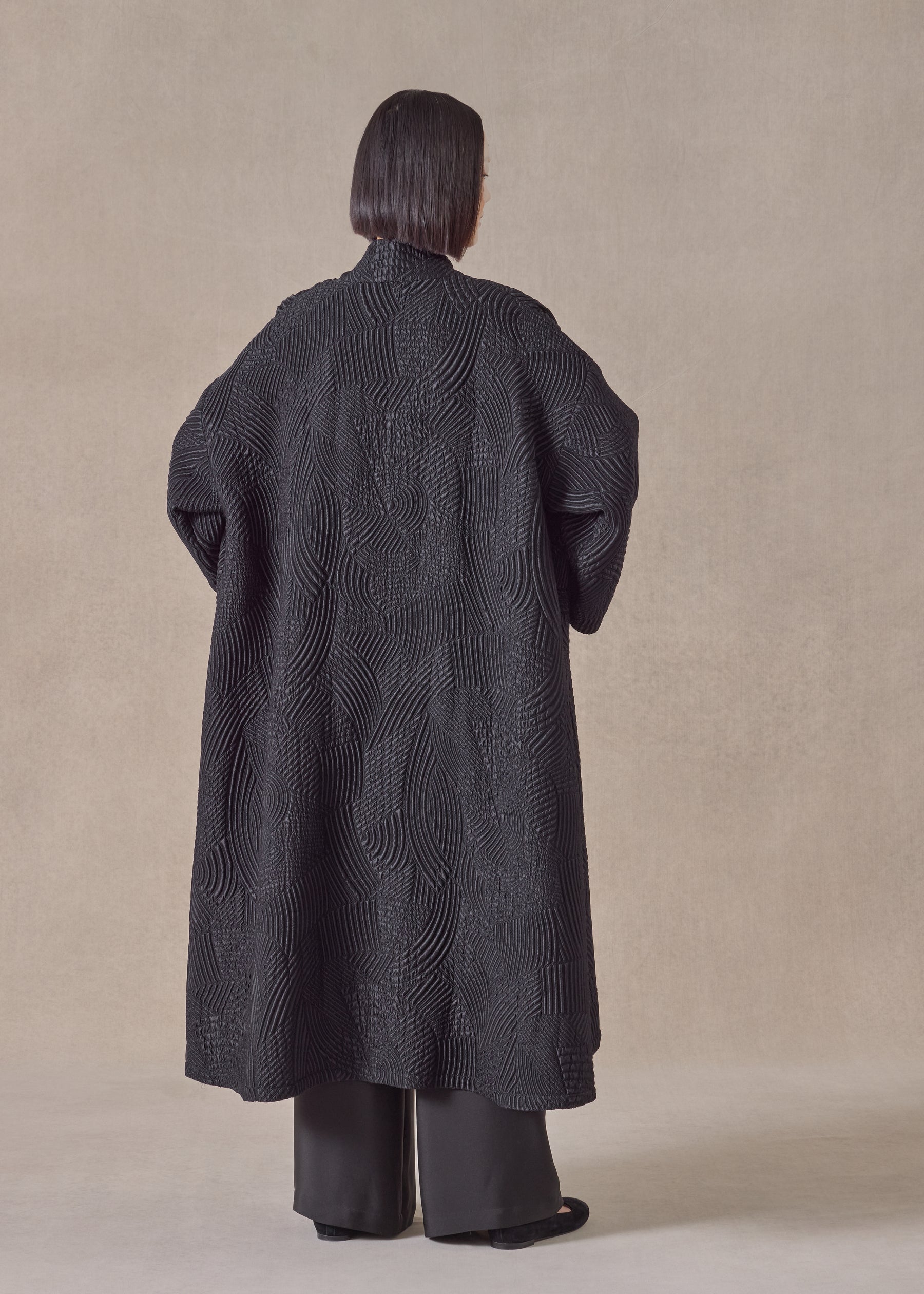 silk wool mix wide a-line chinese collar jacket - full length