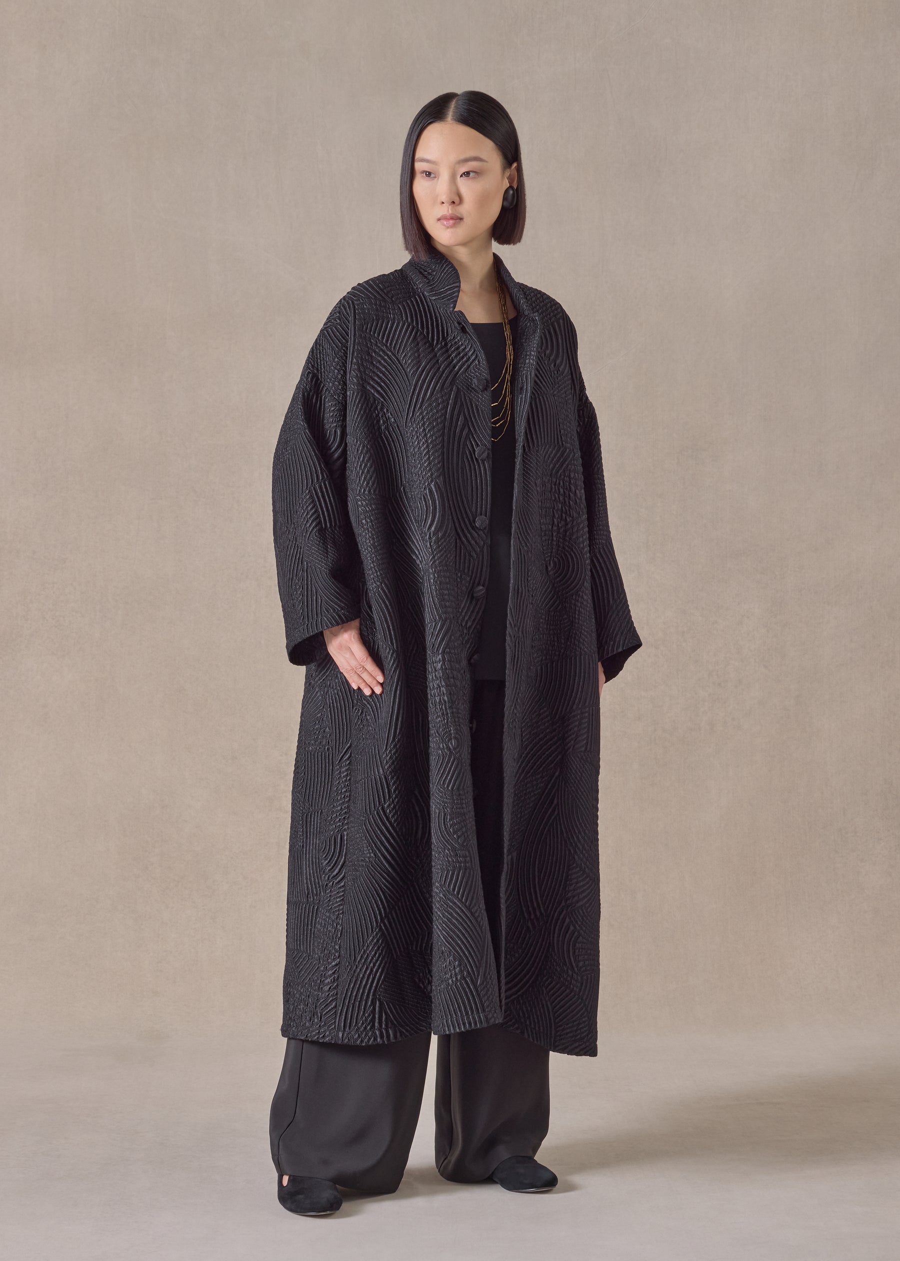 silk wool mix wide a-line chinese collar jacket - full length
