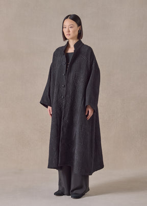 silk wool mix wide a-line chinese collar jacket - full length