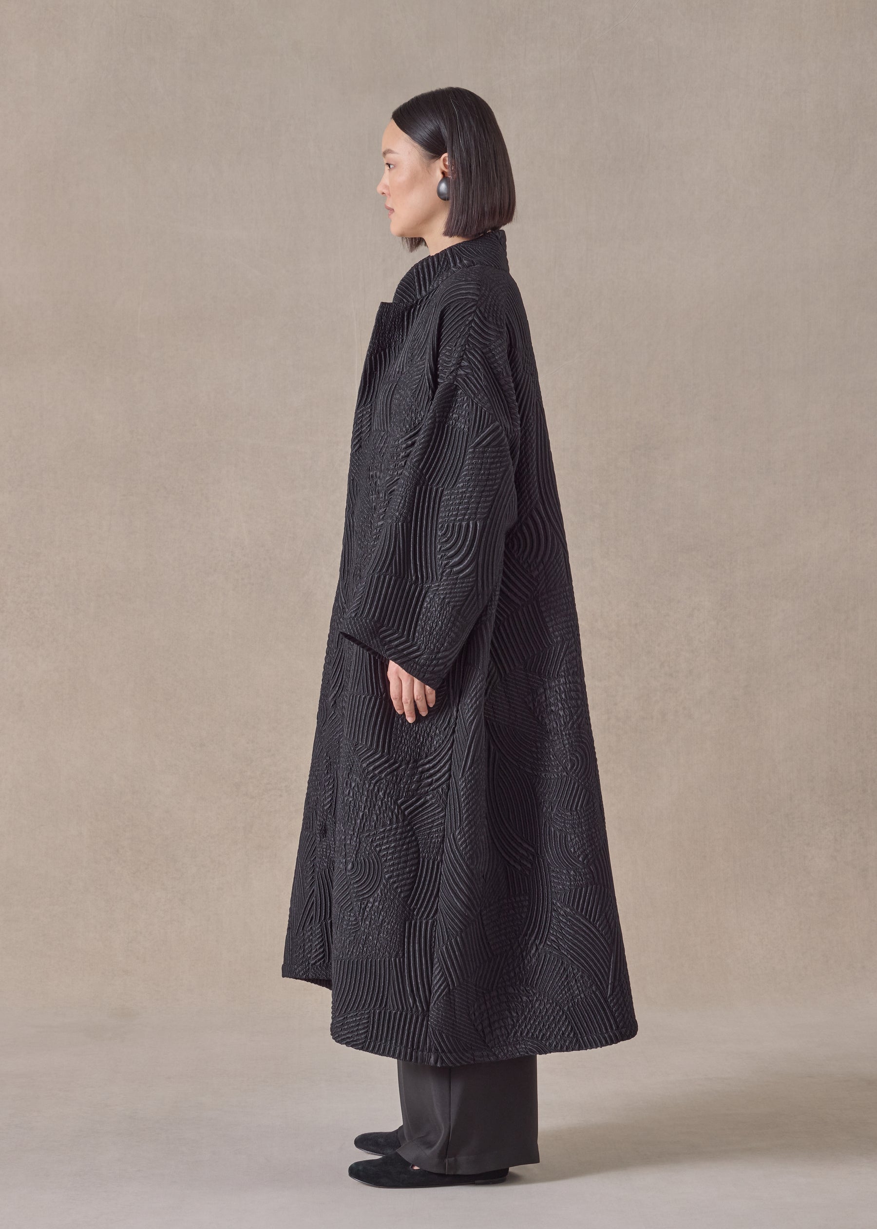 silk wool mix wide a-line chinese collar jacket - full length