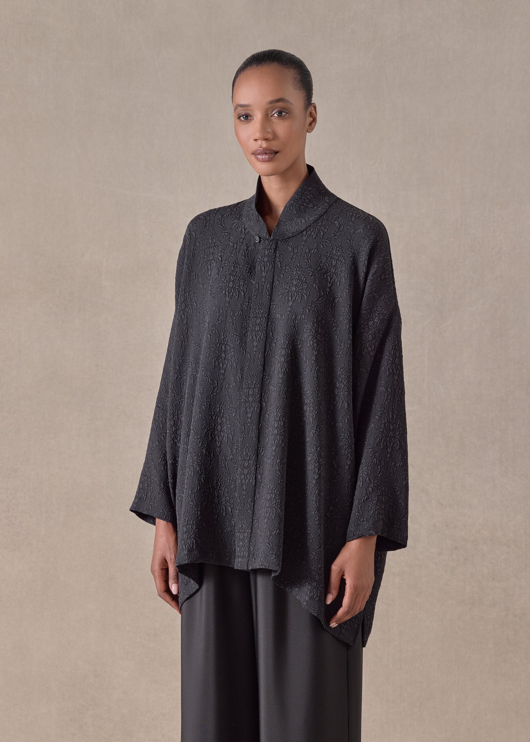 silk wide a-line shirt with chinese collar - long