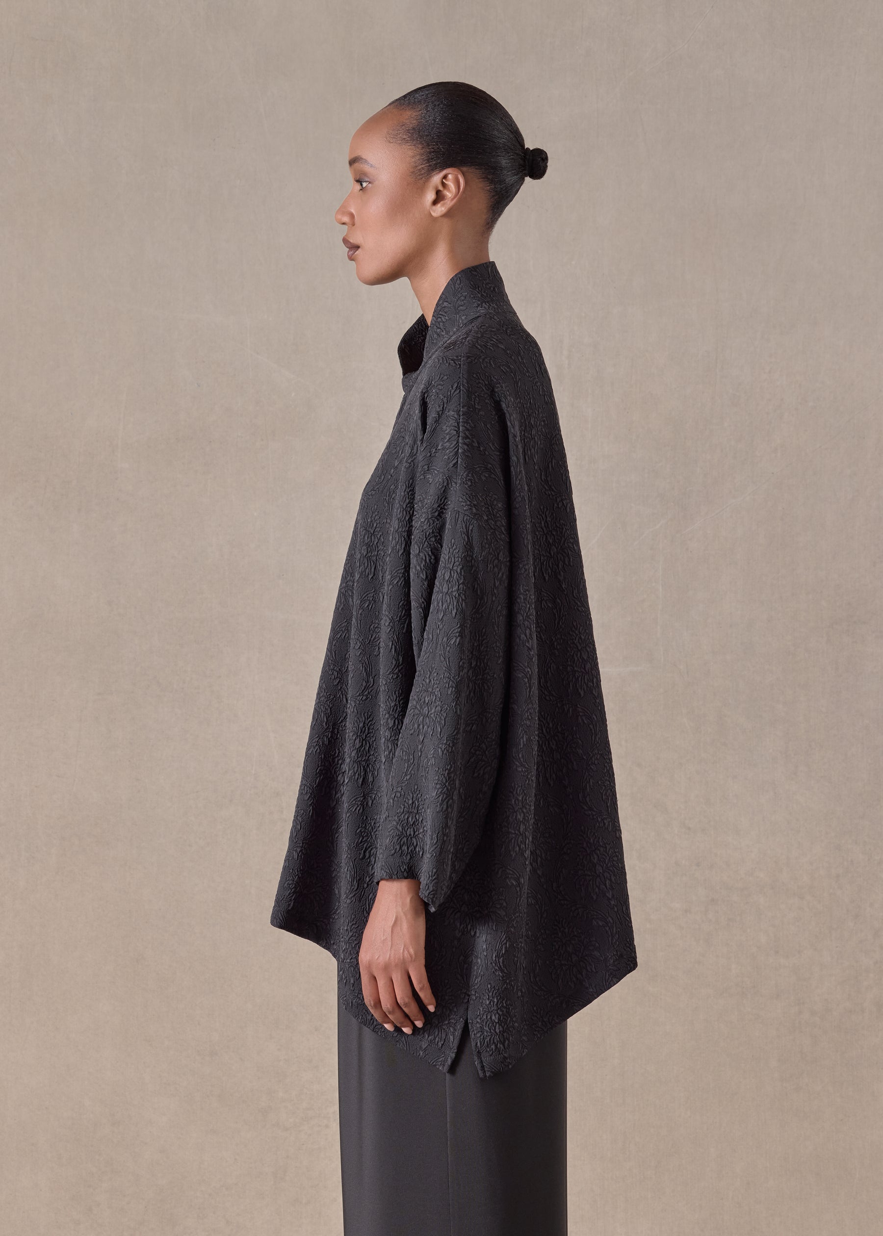 silk wide a-line shirt with chinese collar - long