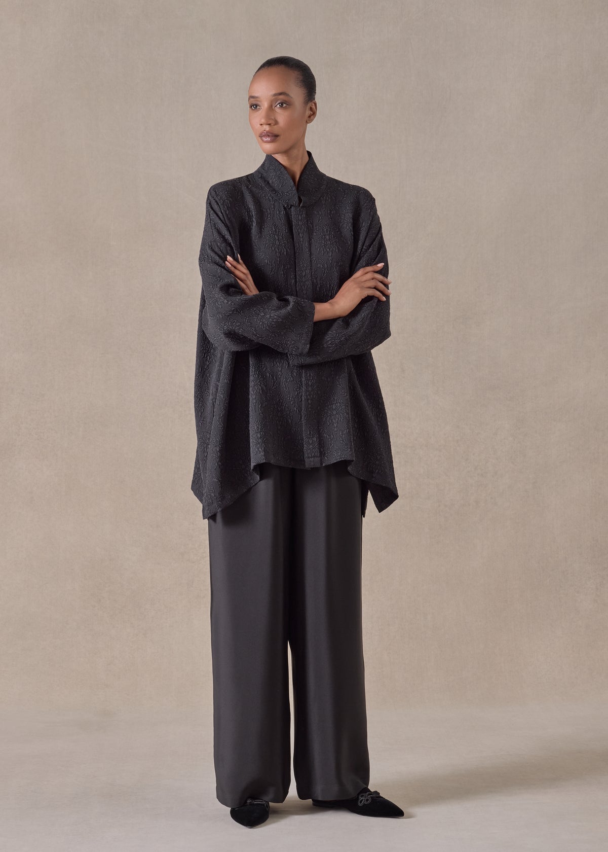 silk wide a-line shirt with chinese collar - long