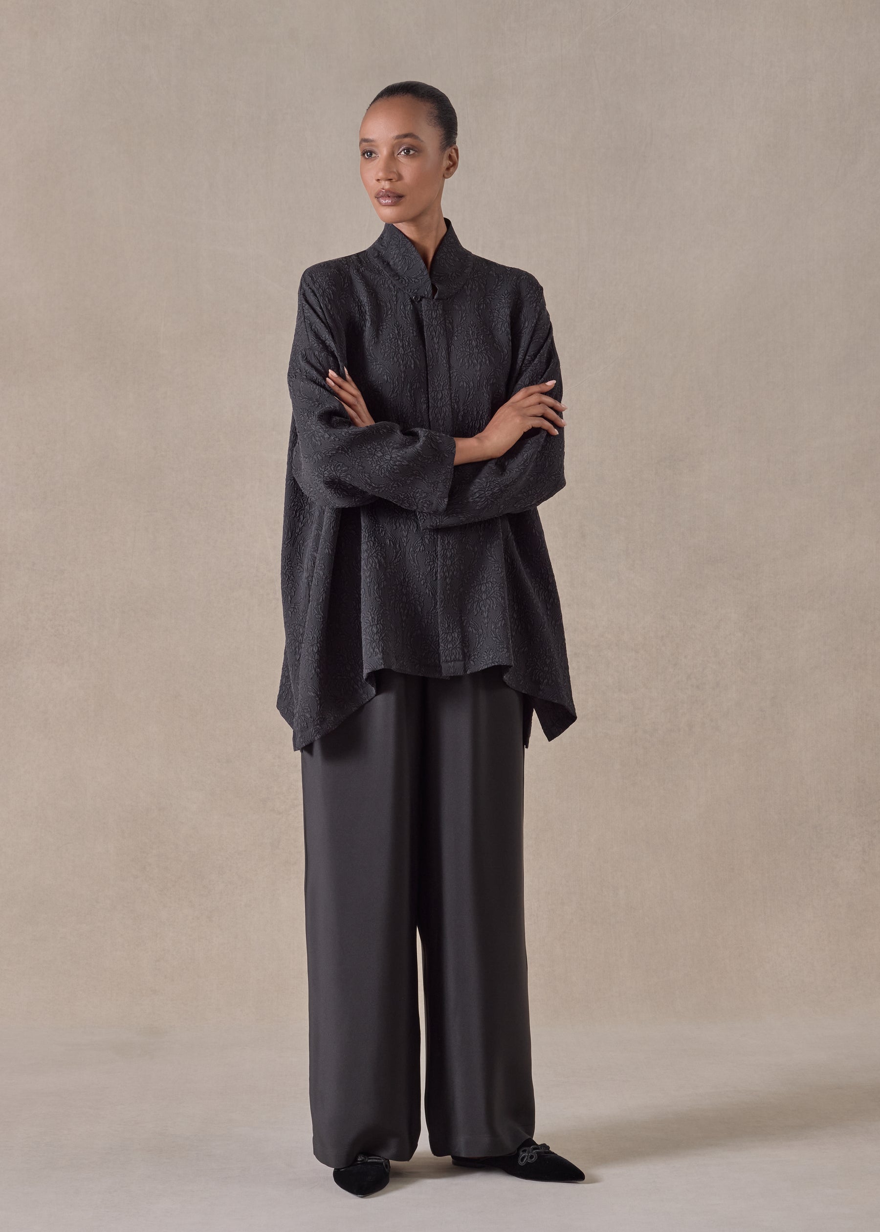 silk wide a-line shirt with chinese collar - long