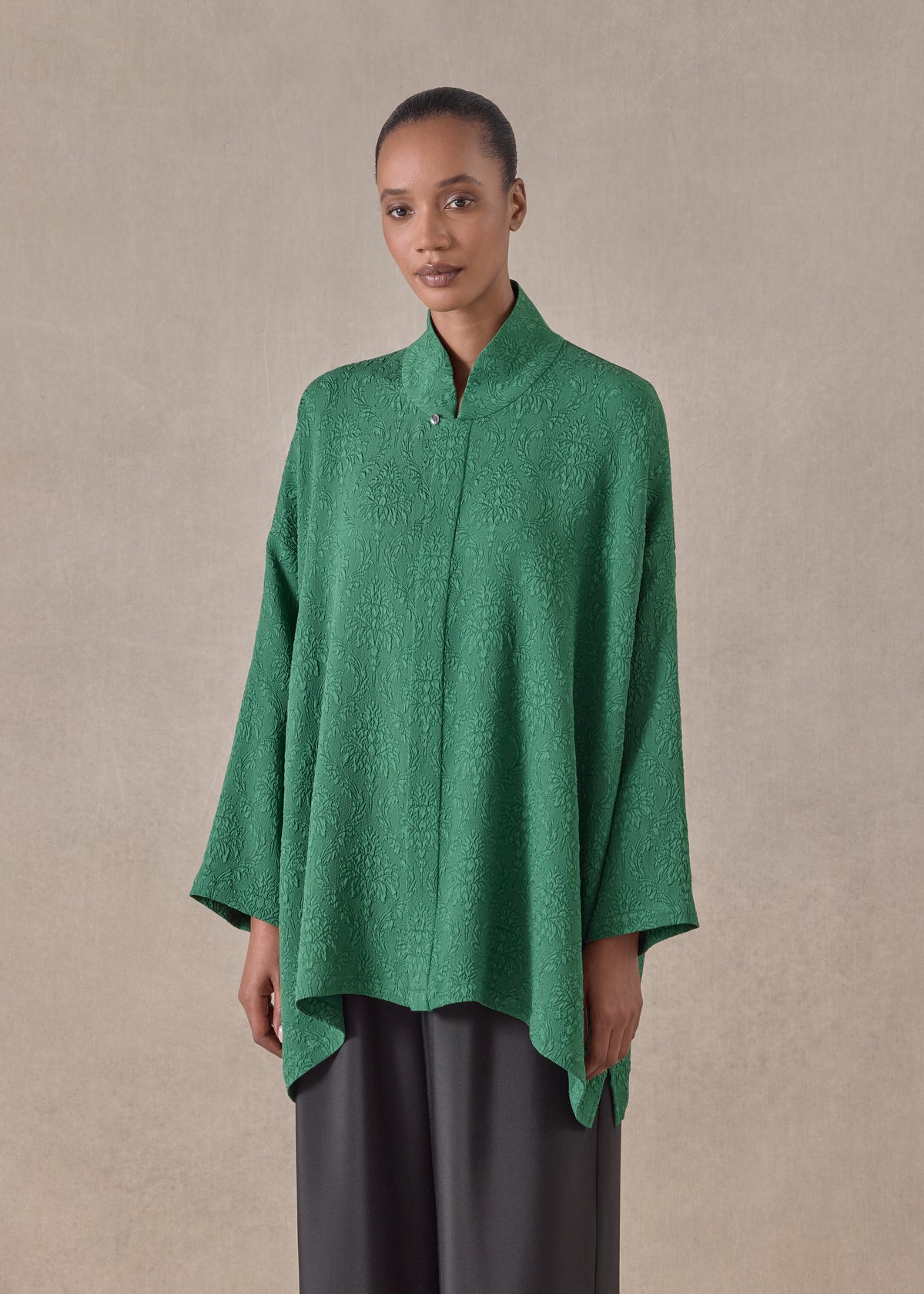 silk wide a-line shirt with chinese collar - long