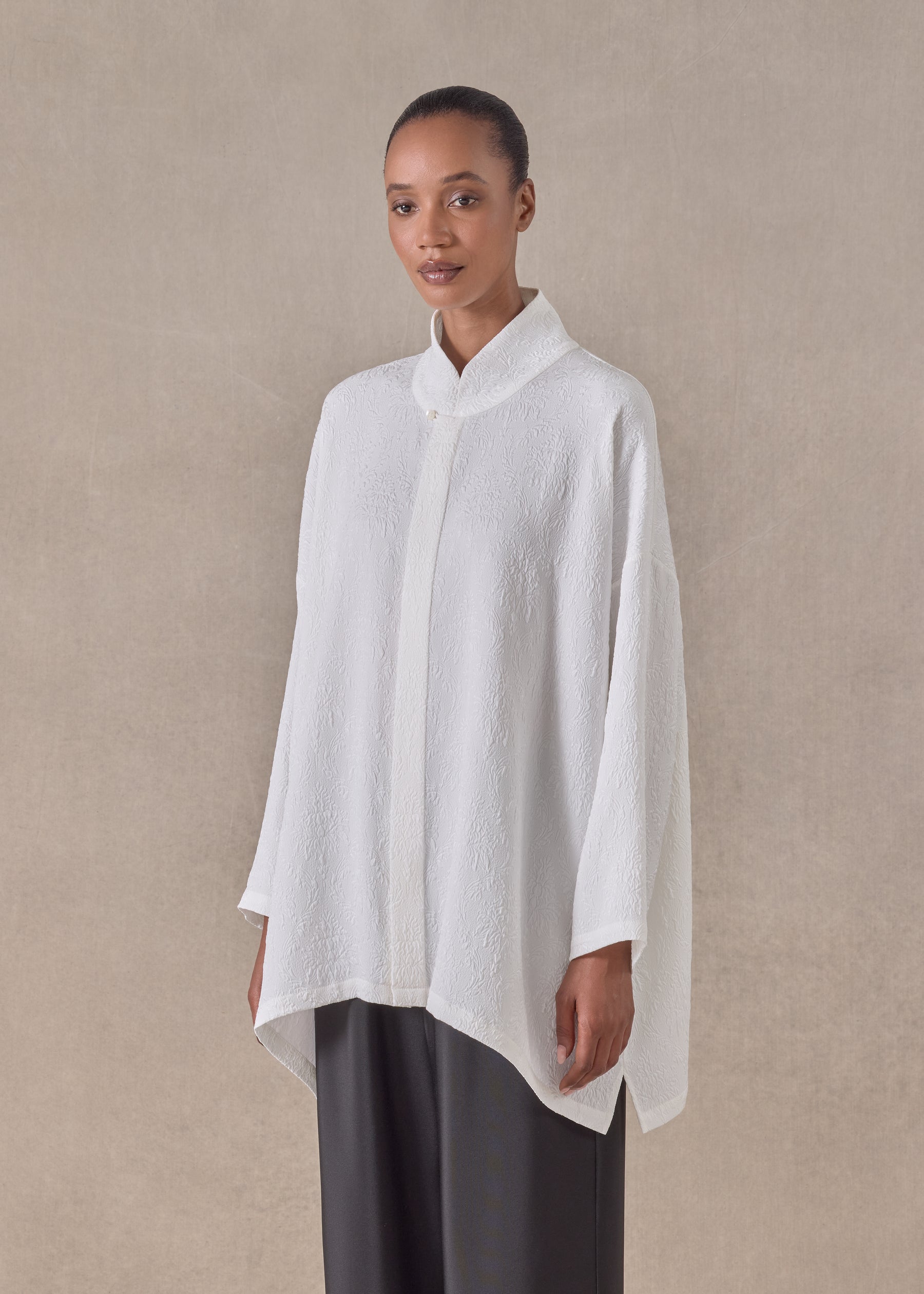 silk wide a-line shirt with chinese collar - long