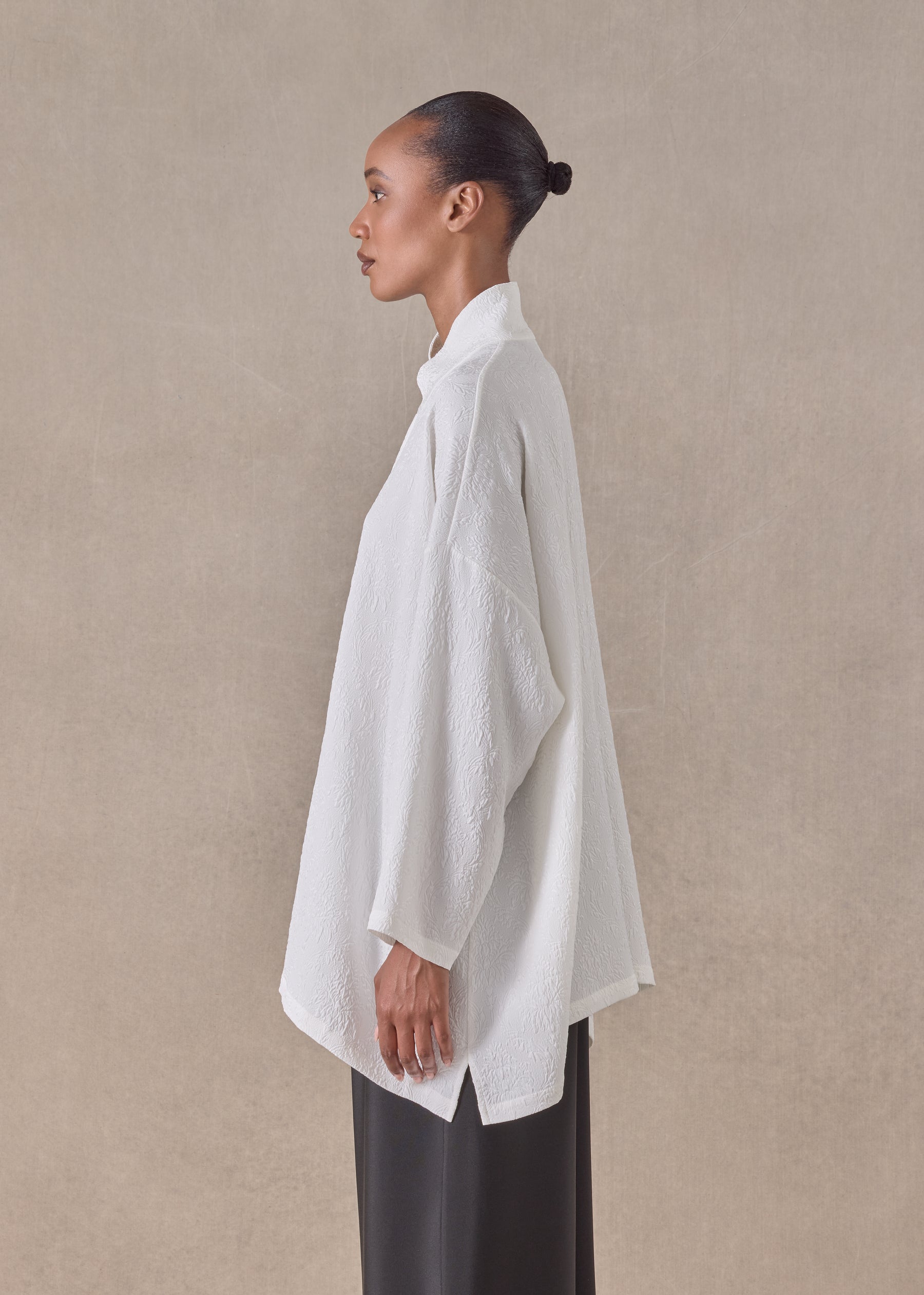 silk wide a-line shirt with chinese collar - long