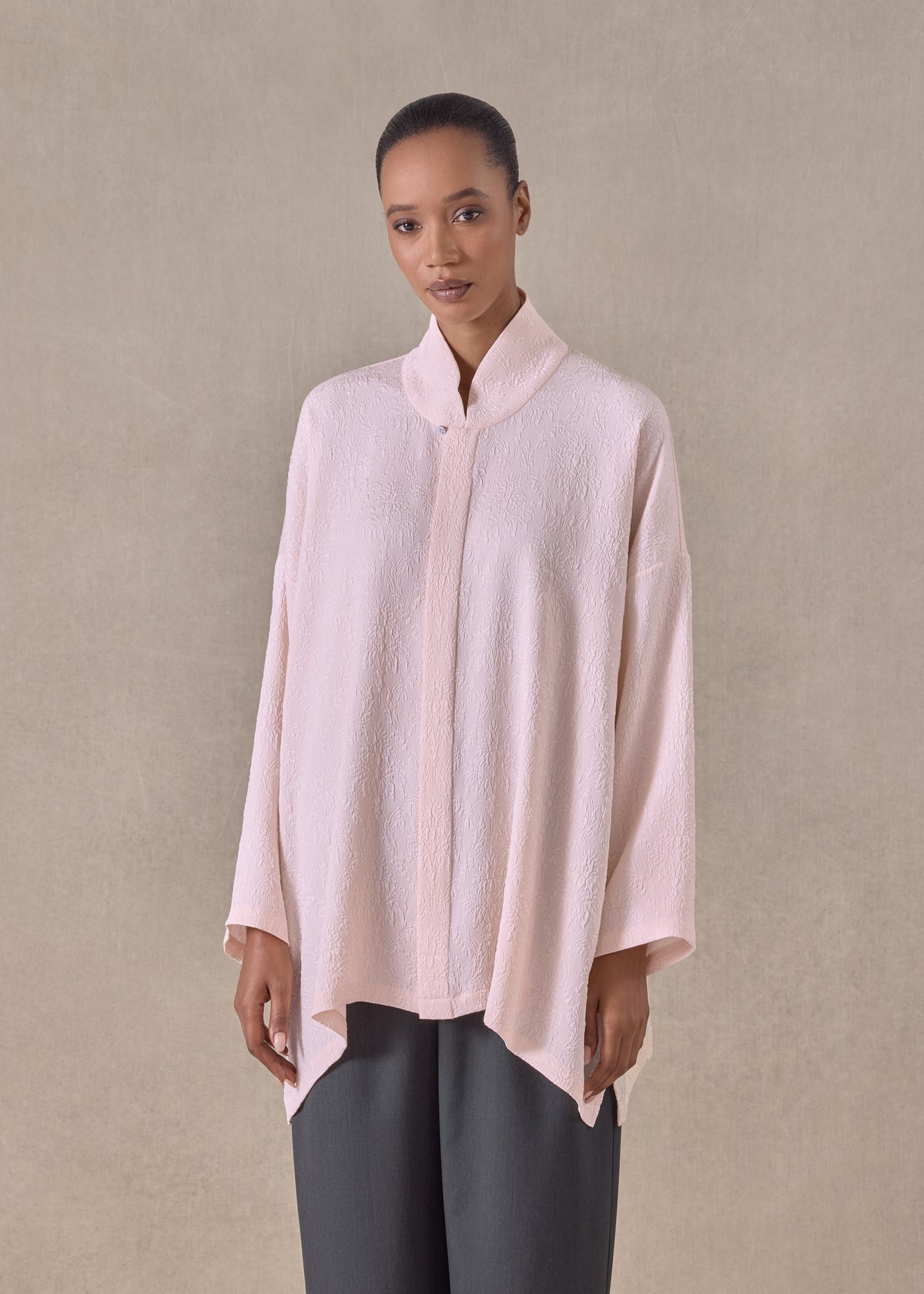 silk wide a-line shirt with chinese collar - long