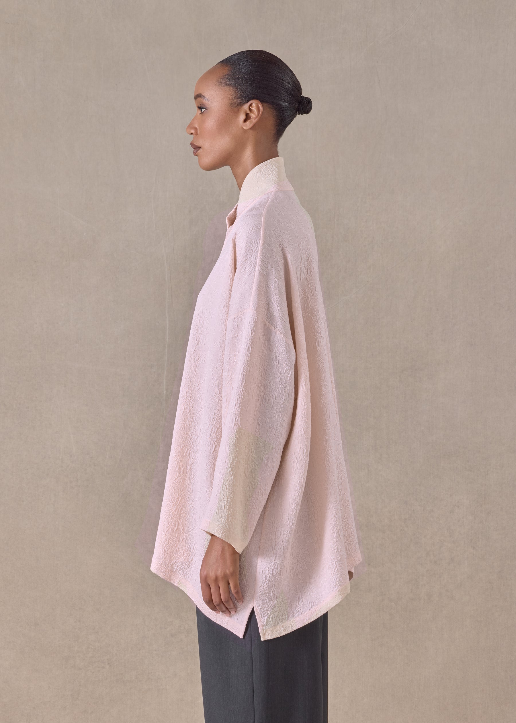 silk wide a-line shirt with chinese collar - long