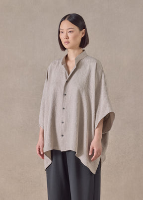 silk collarless short sleeve kaftan shirt - mid plus