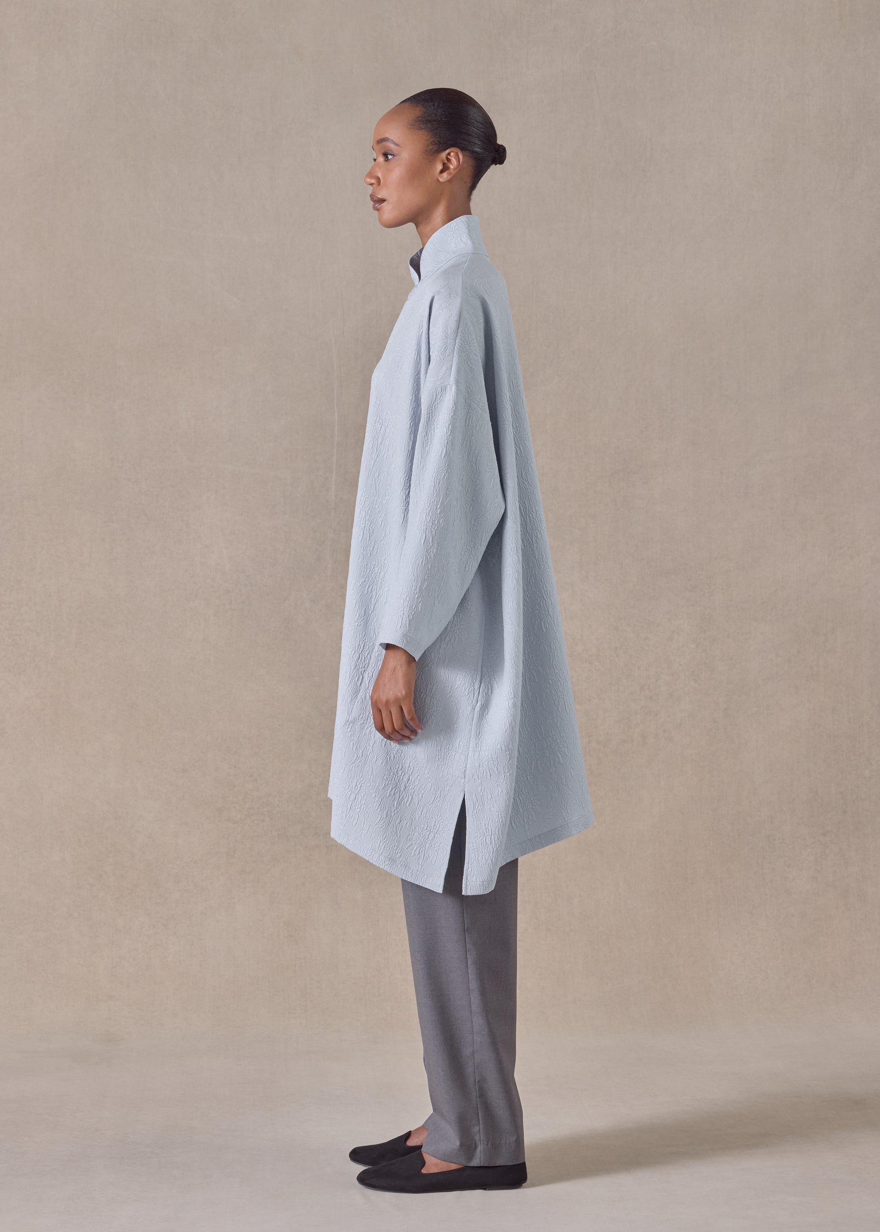 silk wide a-line shirt with chinese collar - very long with slits