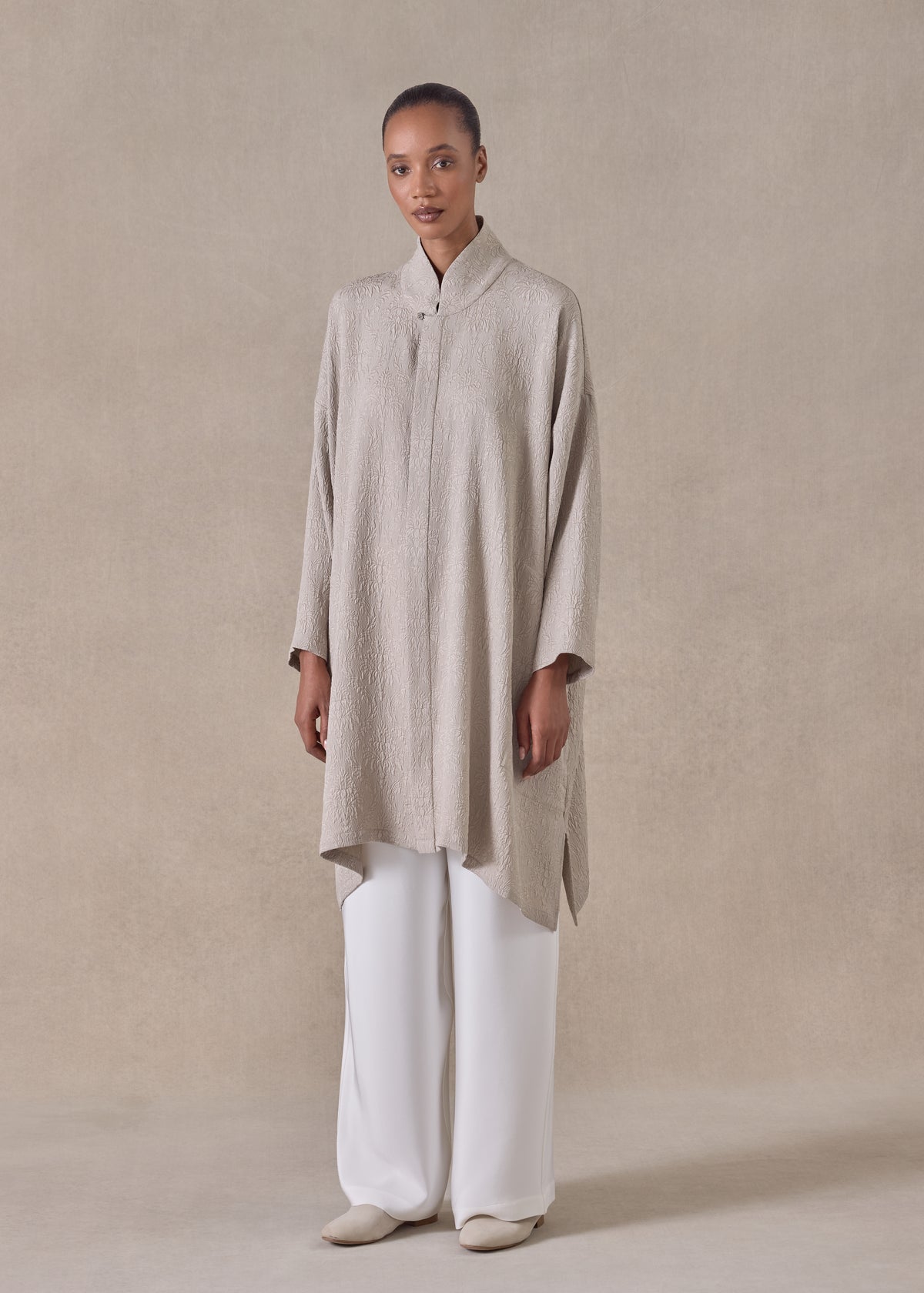 silk wide a-line shirt with chinese collar - very long with slits