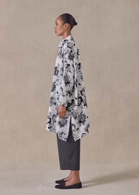 silk wide a-line collarless shirt - very long with slits