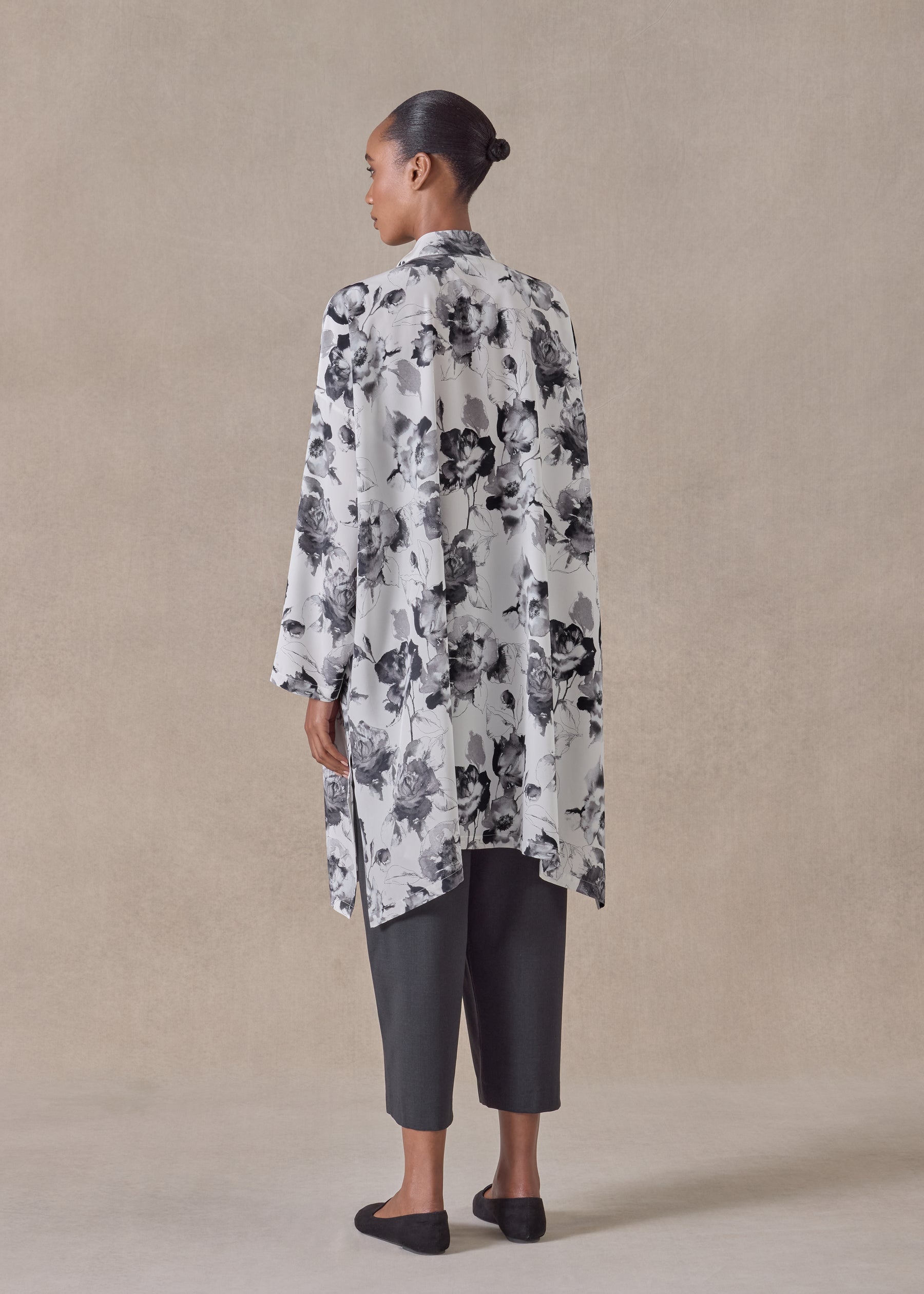 silk wide a-line collarless shirt - very long with slits