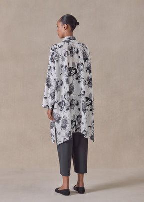 silk wide a-line collarless shirt - very long with slits