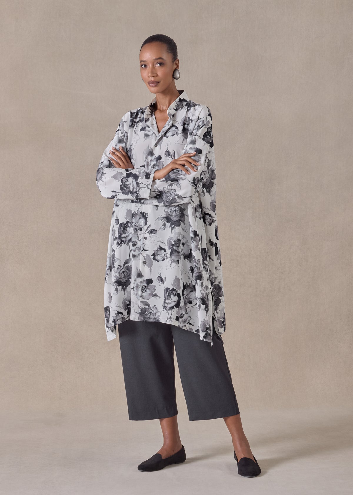 silk wide a-line collarless shirt - very long with slits