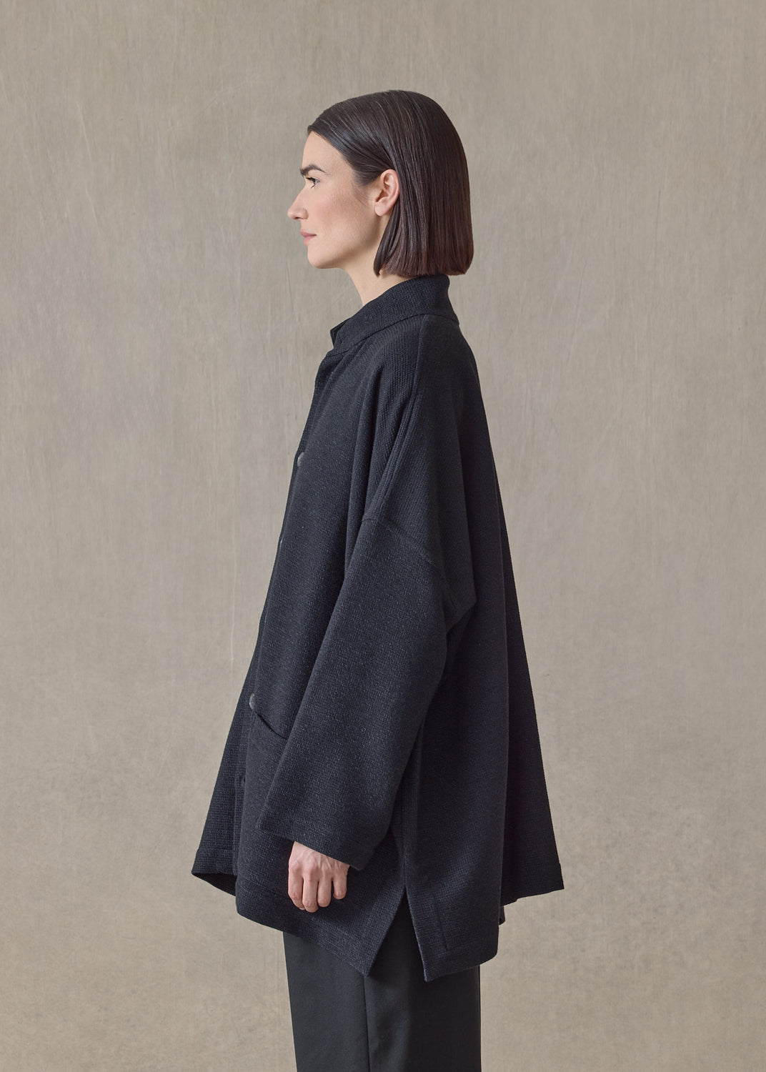 wool cashmere mix wide open stand collar jacket - long (navydark)