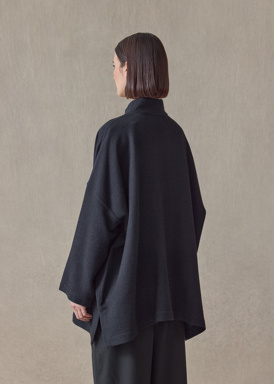 wool cashmere mix wide open stand collar jacket - long (navydark)