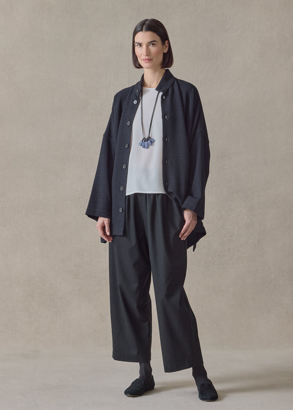 wool cashmere mix wide open stand collar jacket - long (navydark)