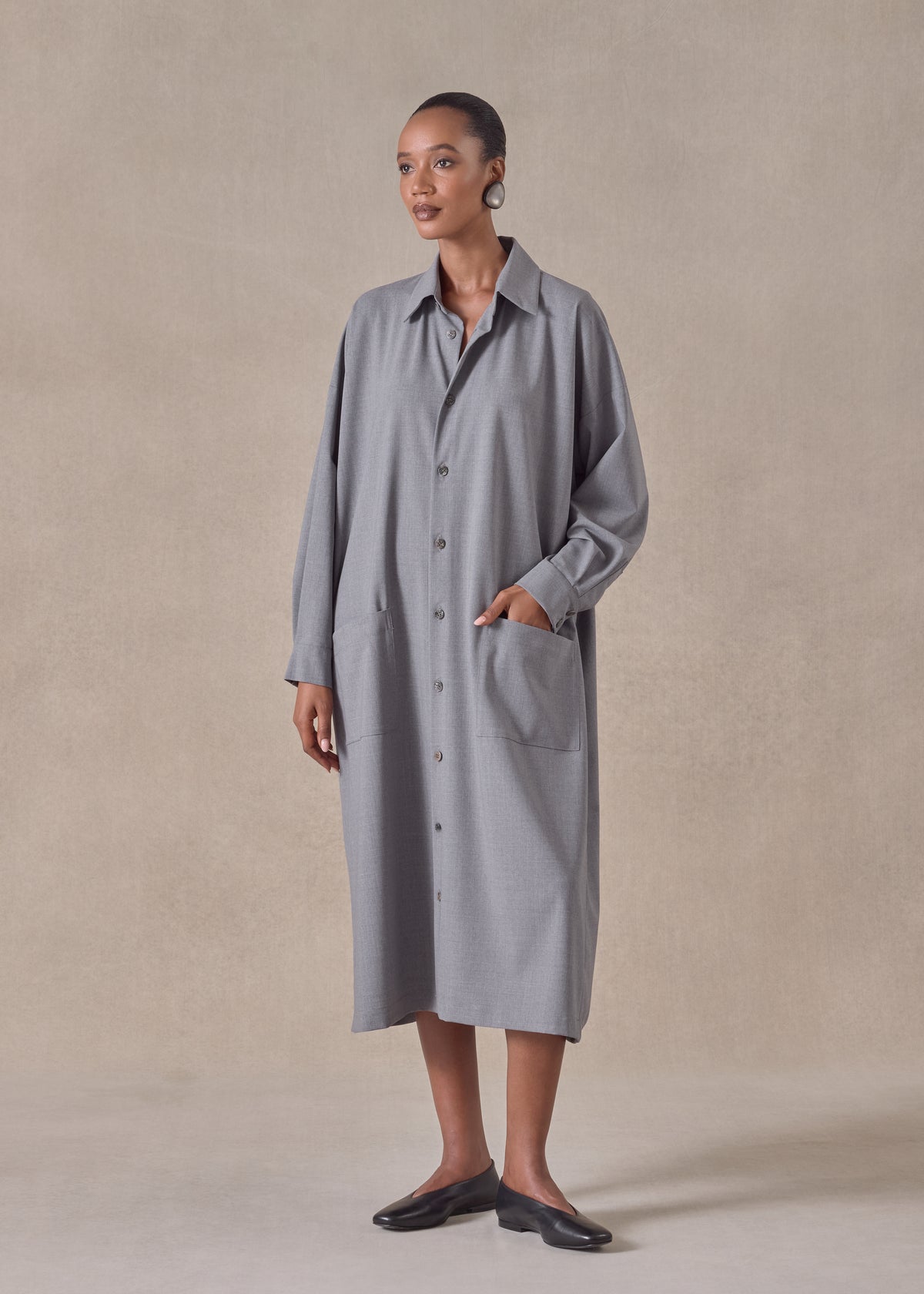 wool mix angle to front side seam shirt dress with collar