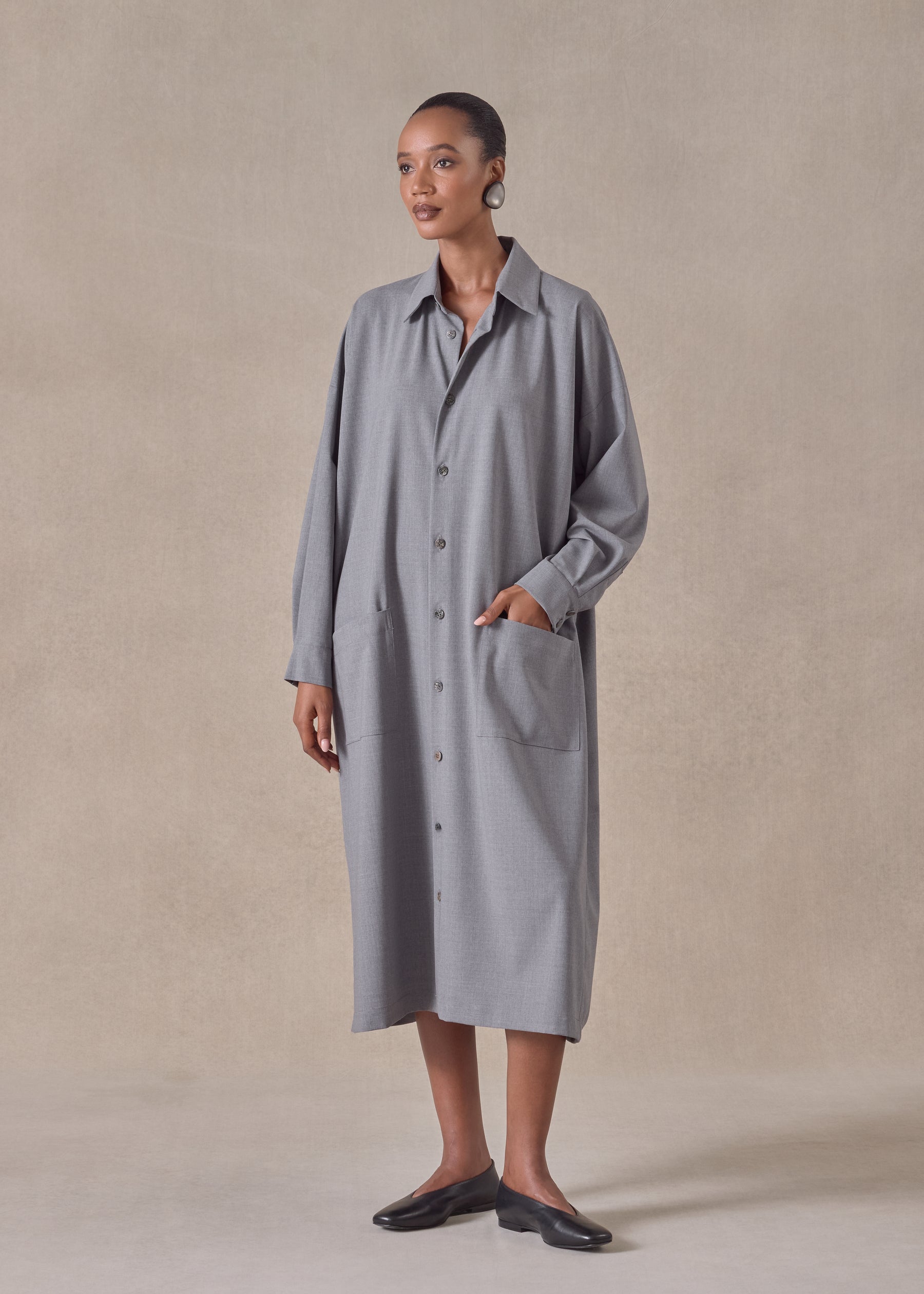 wool mix angle to front side seam shirt dress with collar